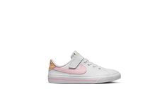 NIKE Girls Little Kid Court Legacy Sneaker - WHITE Spring Low-top Skate Shoes For School, Pink Round Toe Sneakers For Tennis, Nike Spring Sneakers For School, Nike Skate Shoes With Gum Sole For Spring, Nike Sneakers With Rubber Sole For School, Nike Skate Shoes With Gum Sole, Spring School Sneakers With Vulcanized Sole, Sporty Skate Shoes For School In Spring, Spring Tennis Lace-up Sneakers