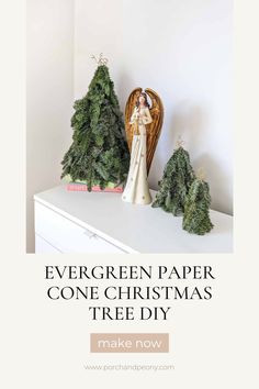 evergreen paper cone christmas tree diy with text overlay that reads evergreen paper cone christmas tree diy