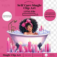 a woman in a bathtub with candles on the side and an ad for self care single