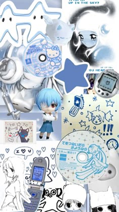 an anime collage with various items and pictures on it, including a cell phone