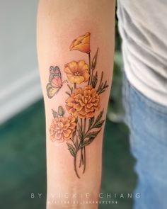 Earth Altar, Marigold Tattoo, Monarch Butterfly Tattoo, M Tattoos, Mom Tattoo Designs, California Poppies, Poppies Tattoo, Floral Tattoo Sleeve, Inked Tattoo