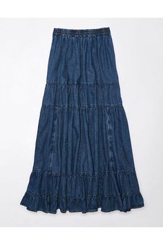 Chambray with an authentic vintage denim look/Elastic waist/Tiered skirt Flowy Denim Skirt Outfit, Tiered Maxi Skirt Outfit, Chambray Skirt, Long Jean Skirt, Preppy Vintage, Denim Skirt Outfits, Maxi Skirt Outfits, Tiered Maxi Skirt, Fashion Illustration Dresses