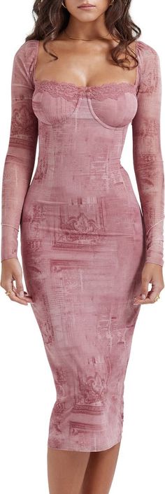 HOUSE OF CB Seraphina Corset Detail Long Sleeve Dress | Nordstrom Bustier Midi Dress, Bodycon Maxi Dresses, Romantic Lace, Long Sleeve Lace Dress, Corsets, Corset Dress, Glamorous Evening Gowns, Flowing Maxi Dress, Pink Print