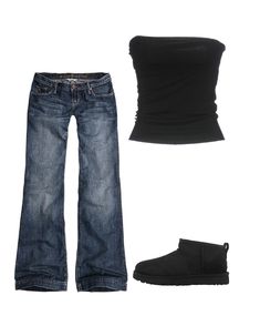 Uggs Fashion, Black Tube Top, Downtown Outfits, Black Uggs, Black Tube, 2000s Fashion Outfits, Jeans Y2k, Y2k Black