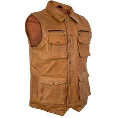 men's brown leather vest - crafted from 100% lamb soft leather. Slim fit motorcycle vest with sheepskin lining. Perfect gift for him. - Free shipping on all our leather vests. - Made of genuine lamb nappa leather, soft and supple, with a thickness of 1.0 mm. - Available in brown or black, with a solid polyester lining inside. - Exterior features 6 outer pockets: - 2 chest pockets with zips. - 2 chest pockets with press studs. - 2 large pockets with press studs. - Interior includes 2 pockets, one with a zip. - All fasteners and buttons are riveted or sewn into the leather; zips are from YKK. - Sporty men's cut. - Takes approximately seven business days to complete each leather jacket. - You will receive a similar leather vest as shown in the picture. The classic men's leather vest is a must Classic Brown Outdoor Vest, Brown Leather Vest, Jaket Motor, Leather Vests, Deserts Of The World, Leather Waistcoat, Half Jacket, Motorcycle Vest, Brown Vest