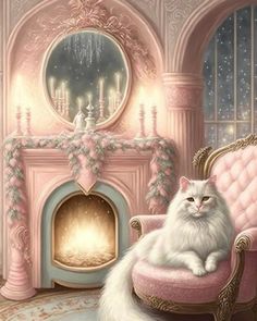 a white cat sitting on top of a pink chair in front of a fire place