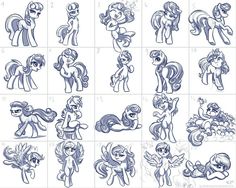 many different pictures of ponys in various positions and sizes, all drawn by hand