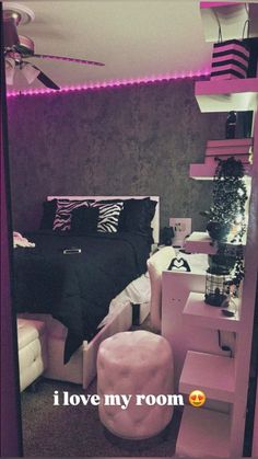 a bed room with a neatly made bed and purple lighting