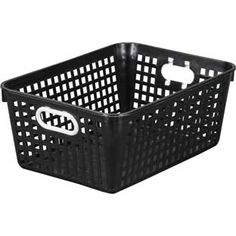 a black plastic basket with an oval handle