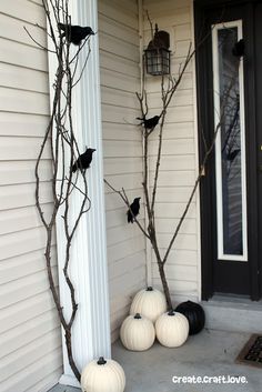 some white pumpkins are sitting on the front porch with black birds perched on them