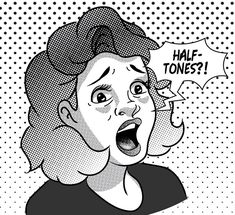 a woman with an open mouth and half - tone speech bubble above her head