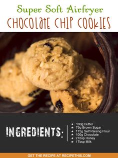 an advertisement for cookies with chocolate chips in the middle and text underneath it that reads ingredients