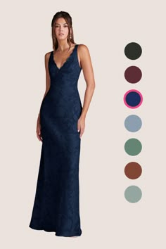 Unleash your ultimate feminine energy in our Tianna Dress. Cut from a beautiful textured floral burnout fabric, this floor length sheath dress features a plunging V-neckline adorned with lace detail and adjustable spaghetti straps for a personalized fit. Moody Bridesmaid Dresses, Dark Blue Evening Dress, Dark Blue Bridesmaid Dresses, Navy Prom Dress, Ring Dance, Teal Prom Dresses, Navy Blue Long Dress, Prom 23, Party Dress Ideas