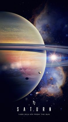 saturn and its rings in space with the sun shining brightly on it's surface