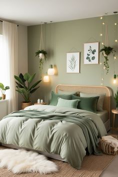 a bed with green sheets and pillows in a bedroom next to a window filled with potted plants