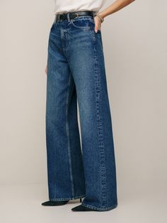 Tell your legs. The Cary is a high rise, loose fitting wide leg jean with a full length inseam and zip fly closure. Stretch Denim Fabric, Jean Large, Leather Blazer, Outerwear Sweater, Wide Leg Denim, New Tops, Denim Fabric, Wide Leg Jeans, Straight Jeans