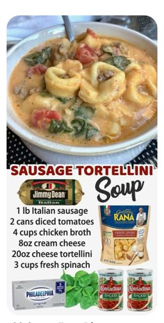 an advertisement for soup with pasta and spinach on the side in front of it