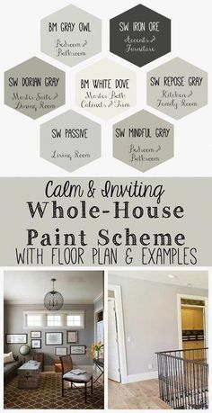 a collage of photos with the words calm and inviting whole house paint scheme