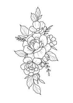 a bouquet of flowers with leaves and buds on a white background coloring pages for adults