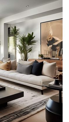 Earthy Minimalist Living Room, Elegant Modern Living Room Inspiration, Beige Sofa Living Room Color Schemes, Charcoal Couch Living Room, Big Living Room Ideas, Sleek Modern Living Room, Contemporary Design Interior, Cream Sofa Living Room, Minimalism Living Room