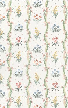 a floral wallpaper with flowers and leaves on the side, in pastel colors