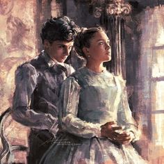 a painting of two people standing next to each other