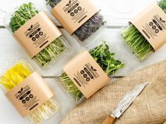 several different types of vegetables in plastic containers on a white wooden table with a knife