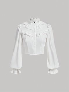 White Elegant Collar Long Sleeve Woven Fabric Plain Top Embellished Non-Stretch  Women Clothing White Puffy Sleeve Top, Puffy Sleeves Top, Ruffle Shirts Blouses, Puffy Shirt, Puffy Sleeves Blouse, Ruffle Long Sleeve Blouse, White Ruffle Top, Long Sleeve Ruffle Dress, White Ruffle Blouse