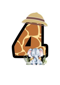 the number four is made up of an elephant and a giraffe wearing a hat