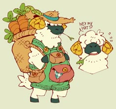 two sheep are standing next to each other and one has a bag on his back