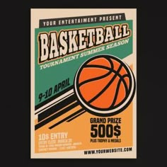 a basketball tournament flyer with an orange and green background