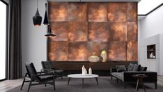 a living room filled with furniture and a wall covered in copper foiled metal panels