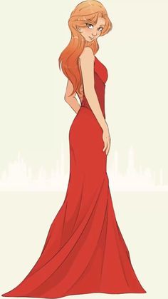 a drawing of a woman in a long red dress with her hands on her hips