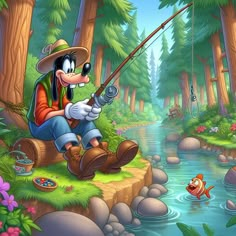 a cartoon character is fishing in the woods