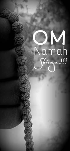 a hand holding a rosary with the words om namah saraam