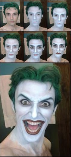 the many stages of making joker makeup for an animated character's face and head