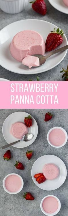 strawberry panna cota on a plate with strawberries