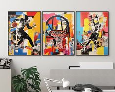 two paintings depicting basketball players are hanging on the wall in this modern living room area