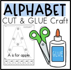 an alphabet cut and glue craft with scissors, glue bottle and glue adhesiver