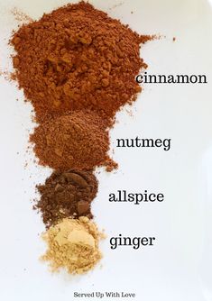 the ingredients for cinnamon nutmeg and allspice ginger on a white plate