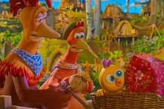 two cartoon characters sitting next to each other in front of a basket filled with eggs