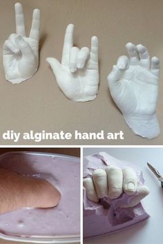 three different pictures of hands made out of clay and paper machs, with the words diy alginate hand art written on them