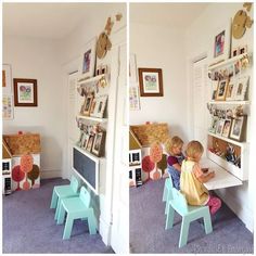 two children are sitting at a desk in the room with bookshelves and pictures on the wall