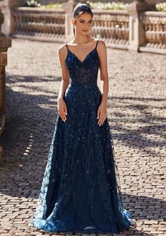 A-line V Neck Sleeveless Floor-Length Tulle Prom Dress with Sequins Split S7534P - Prom Dresses - Stacees 