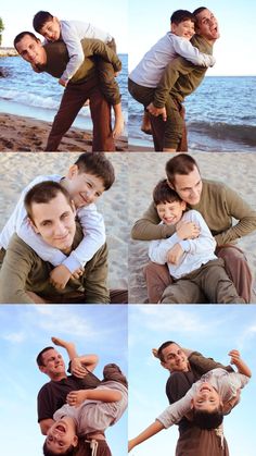 four different shots of people hugging each other on the beach