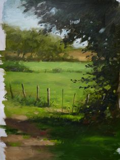 an oil painting of a green field with trees