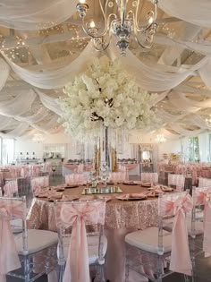 a banquet hall decorated in pink and white