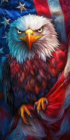 an eagle with the american flag on it's back and stars in the background