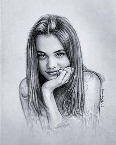 a pencil drawing of a woman with her hand on her chin and looking at the camera