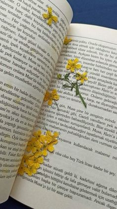 an open book with yellow flowers on it